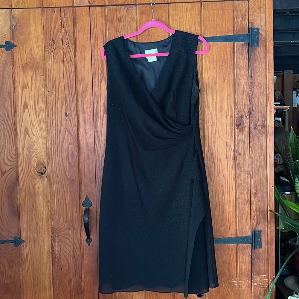 LBD: Black & gold faux wrap dress